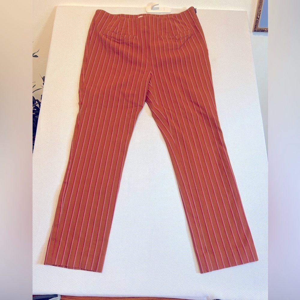PILCRO Striped pumpkin orange pants with pink and white stripes. Essential slim